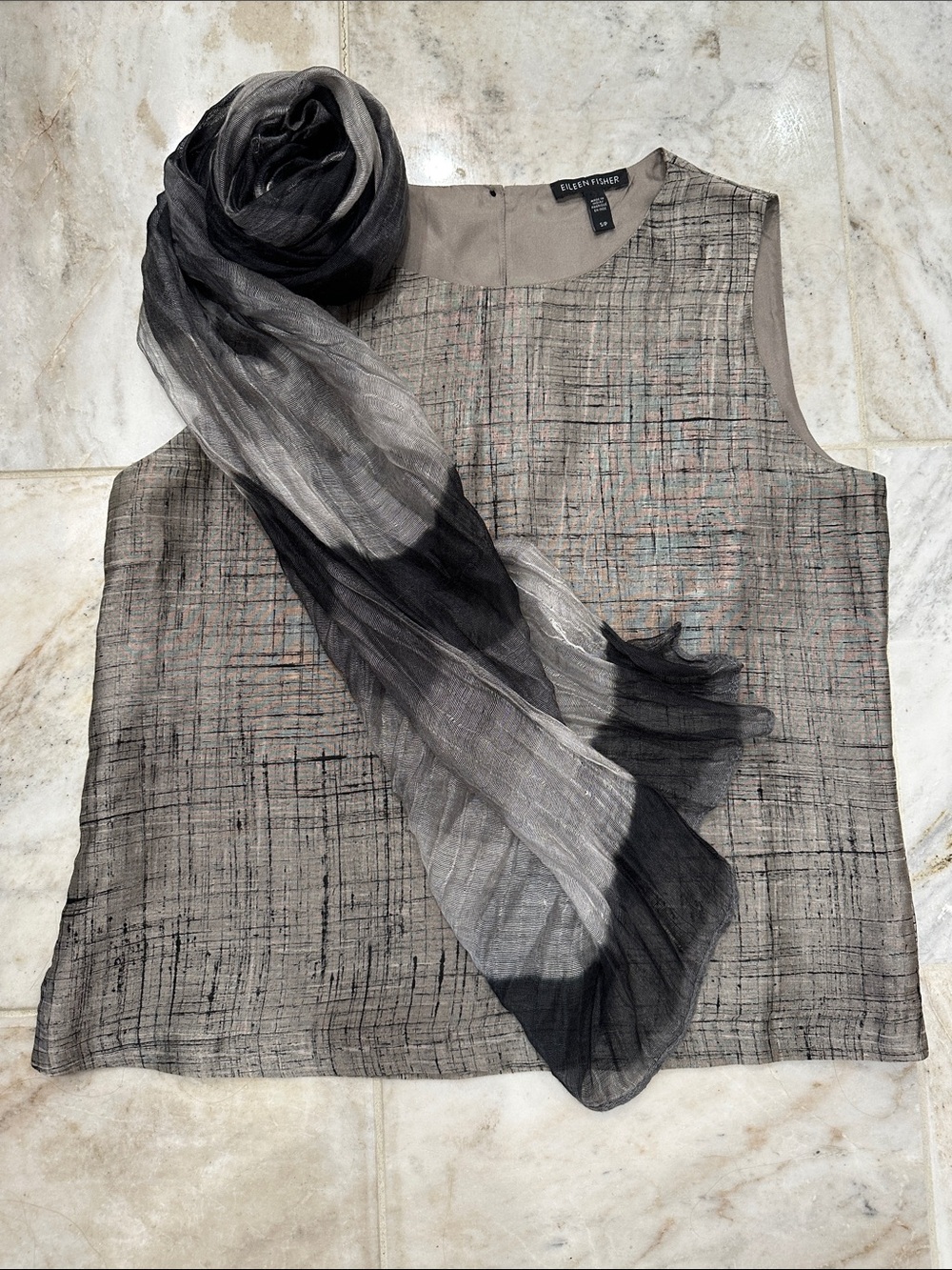 Eileen Fisher Gray Textured Sleeveless Shell with Ombre Scarf
